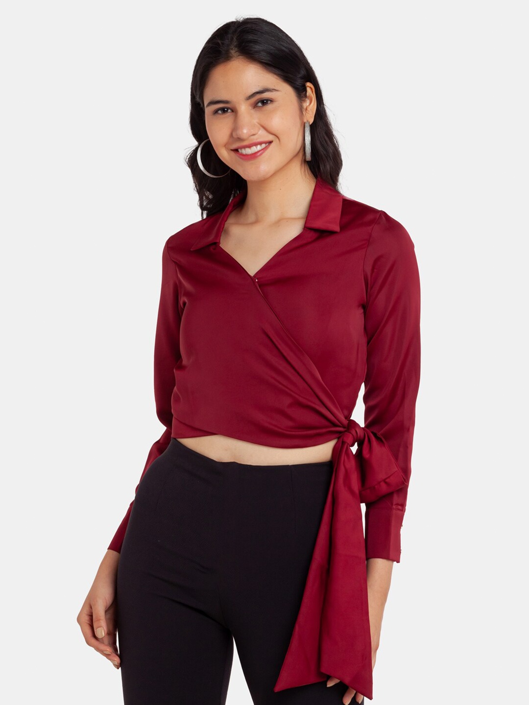 

Zink London Women Maroon Solid Wrap Crop Top