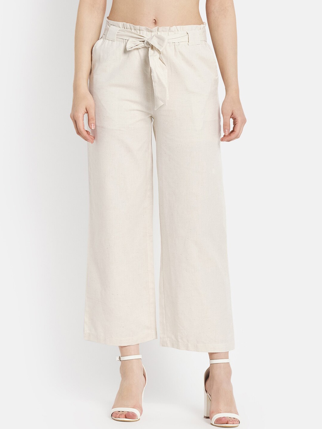 

METTLE Women Cream-Coloured Loose Fit Easy Wash Trousers