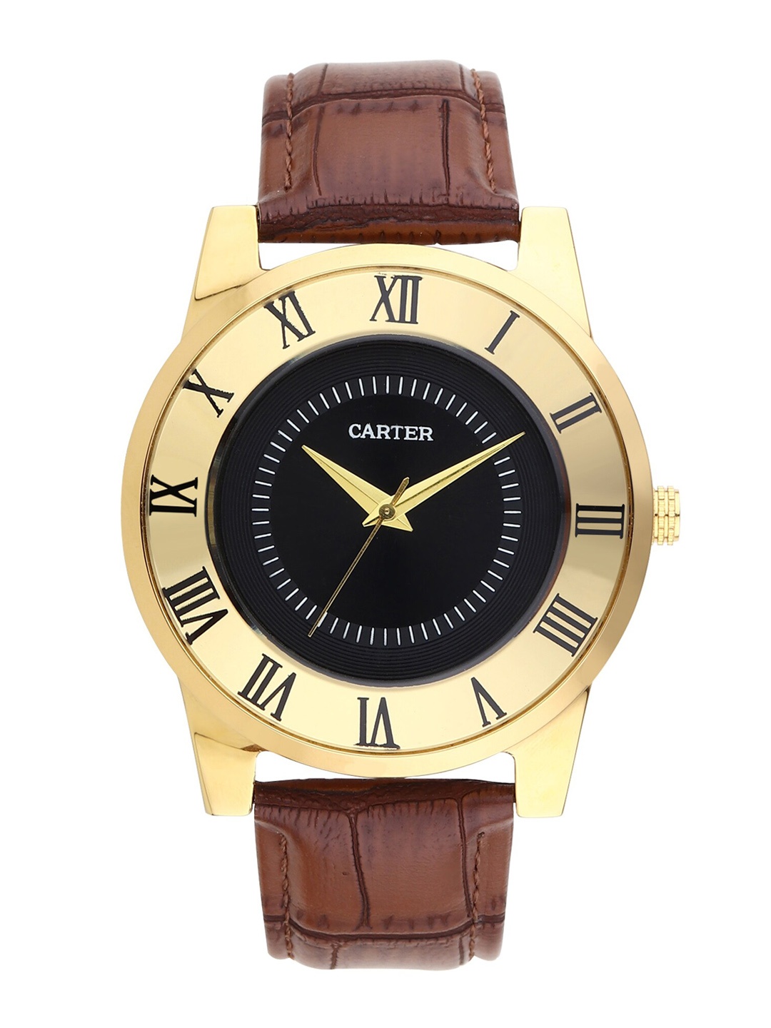 

Sandy D Carter Men Black Brass Embellished Dial & Brown Leather Straps Analogue Watch