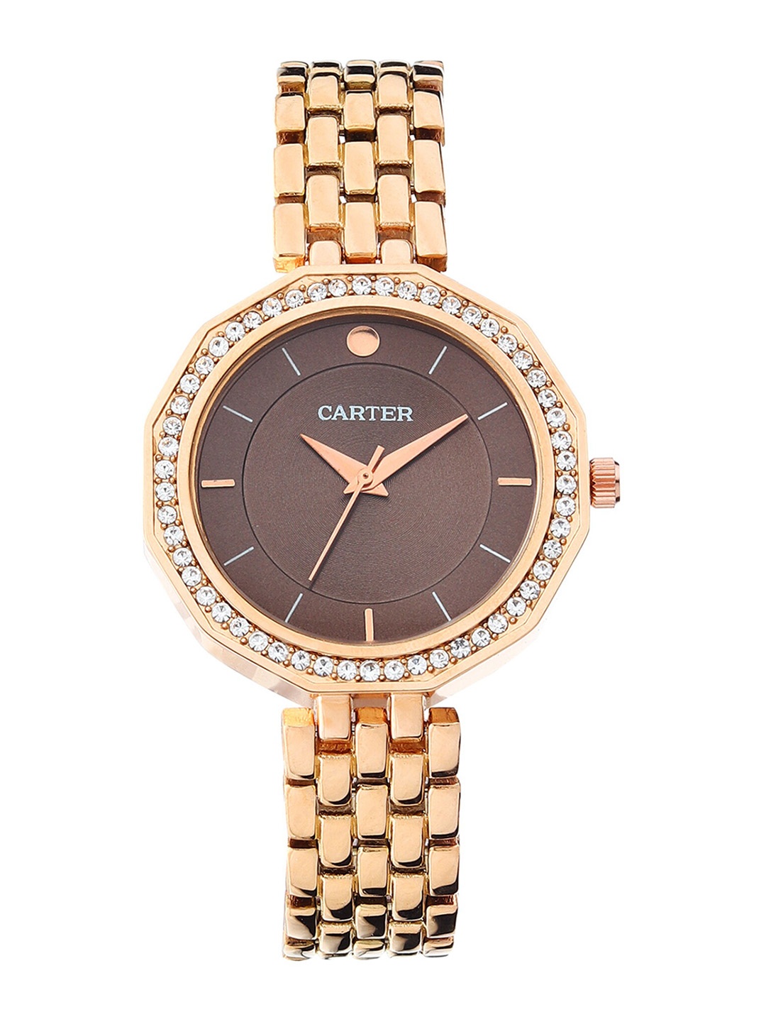 

Sandy D Carter Women Brown Brass Embellished Dial & Rose Gold Toned Bracelet Style Straps Analogue Watch