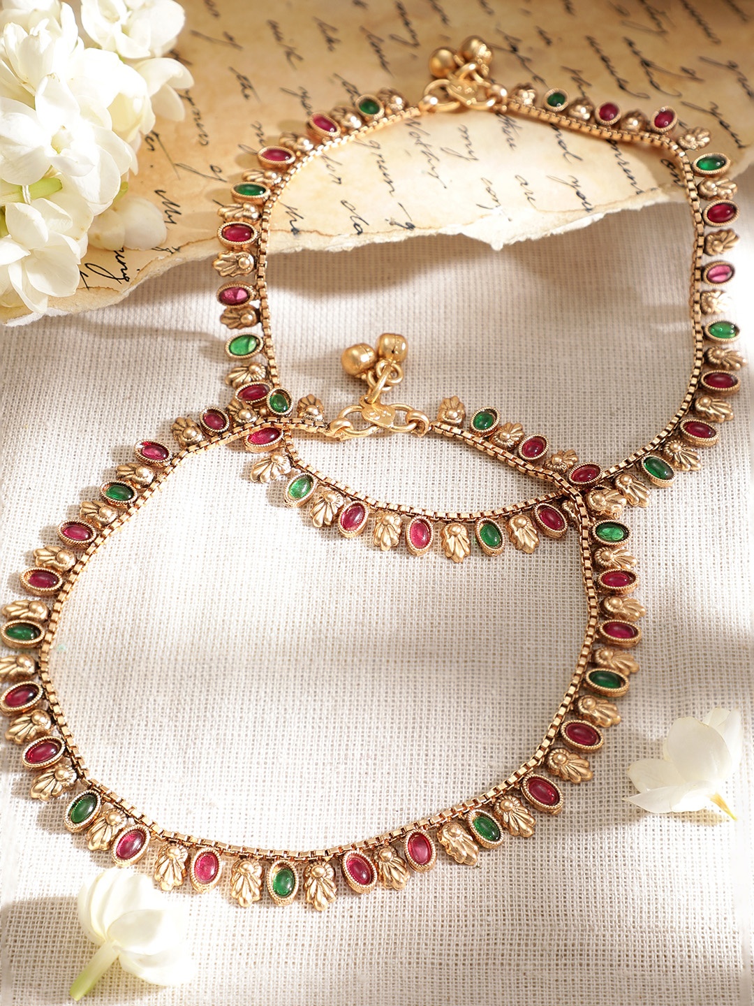 

Rubans Women Set Of 2 Gold Plated Red & Green Stone Studded Anklet