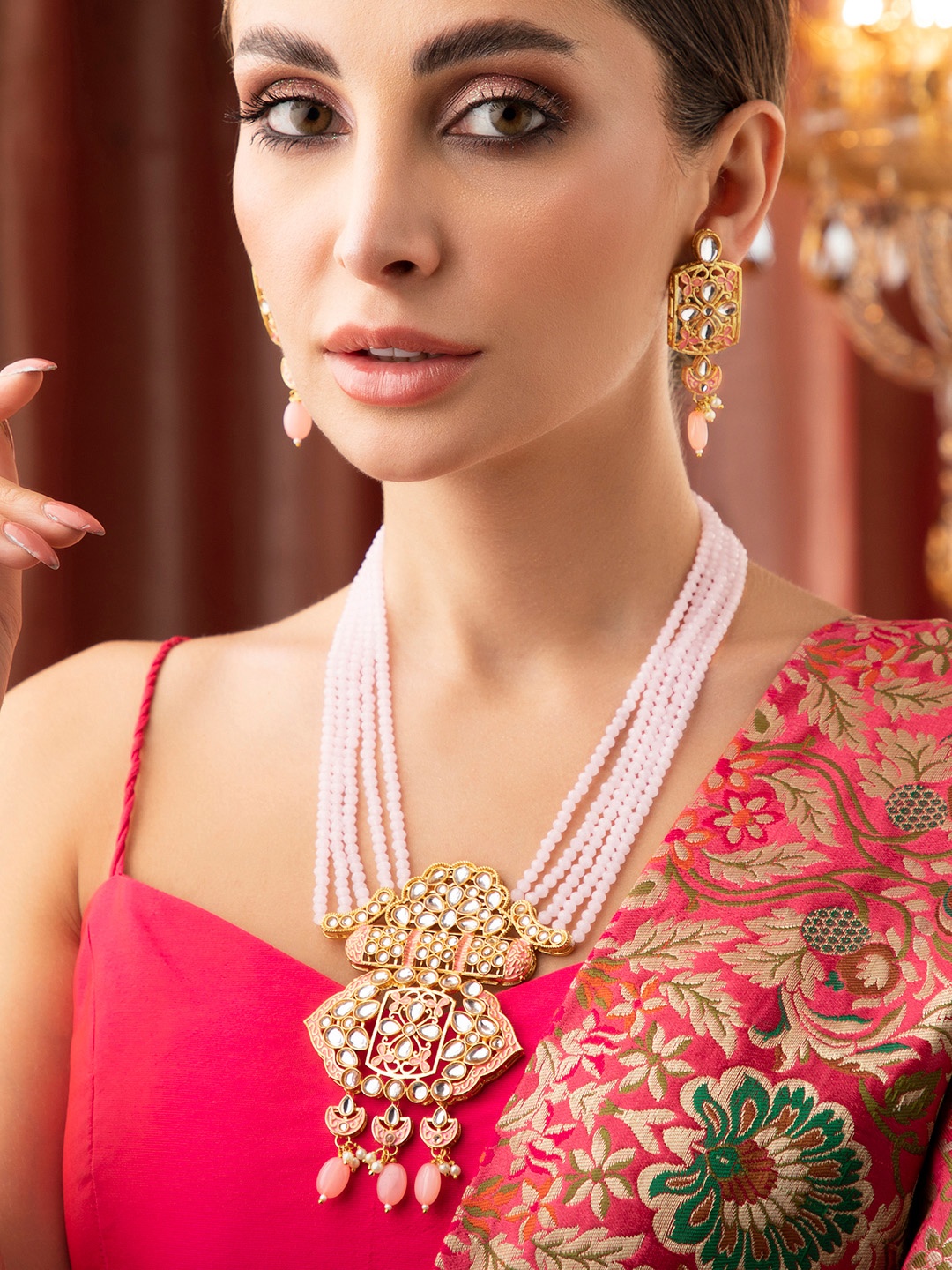 

Rubans 22K Gold Plated Kundan & Pastel Pink Beaded Multi-Layer Handcrafted Jewellery Set