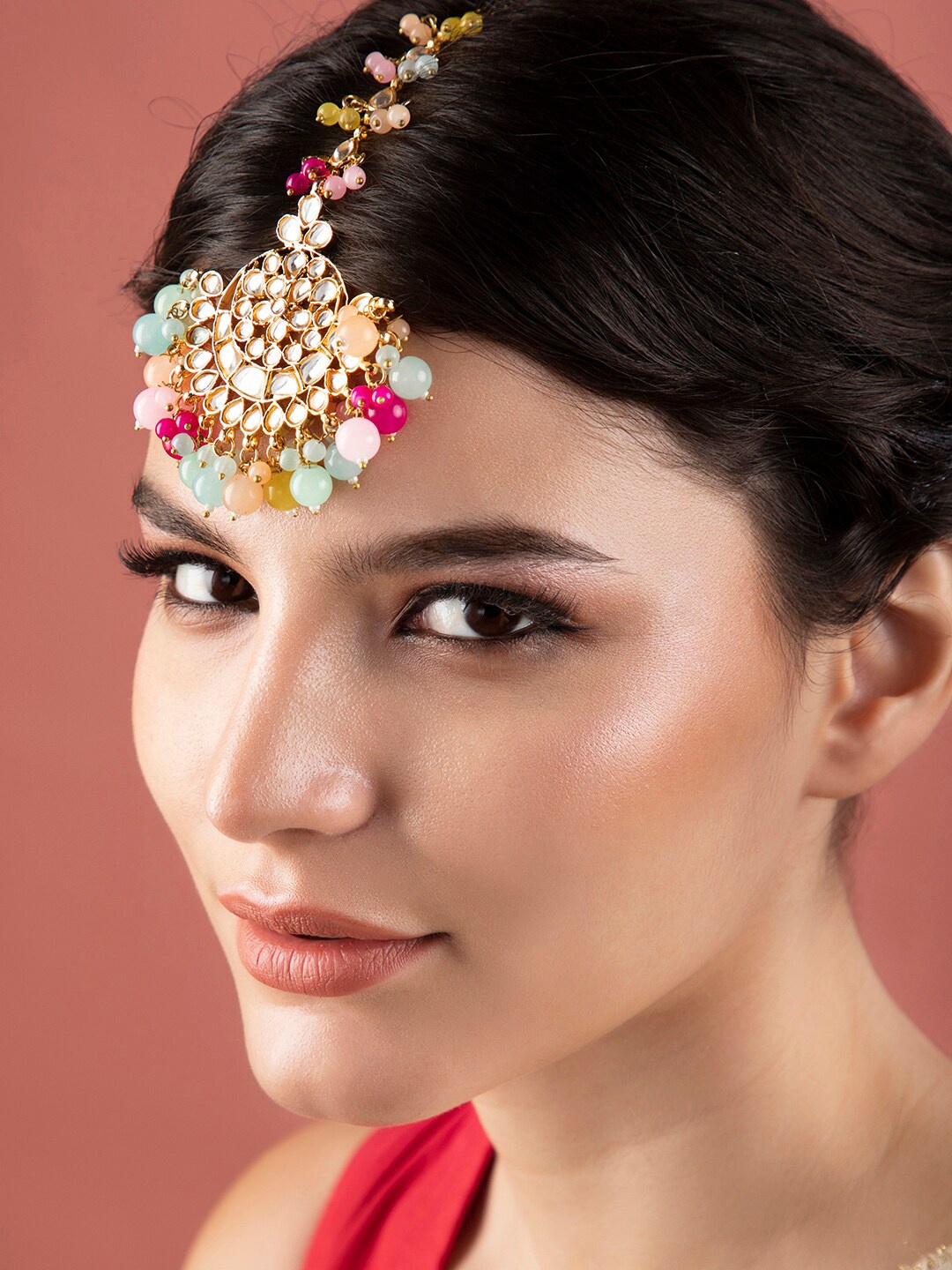 

Rubans Gold-Plated Multi-Coloured Kundan-Studded & Beaded Maang Tikka