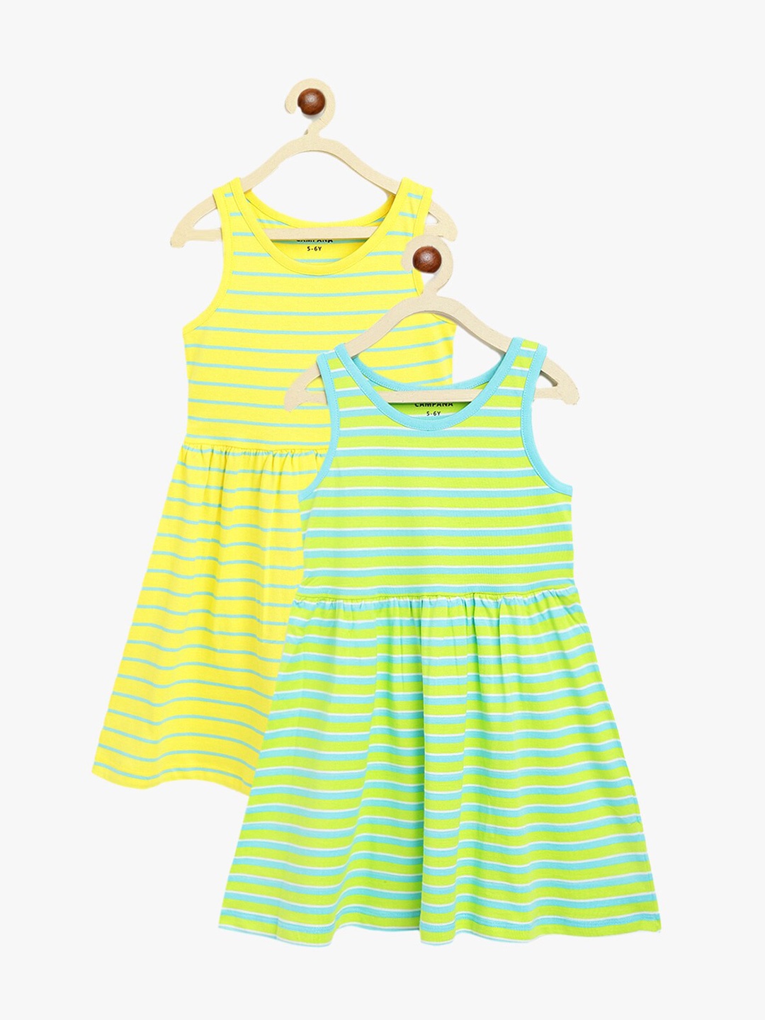 

Campana Pack of 2 Girls Yellow & Green Striped Cotton Fit & Flare Dress