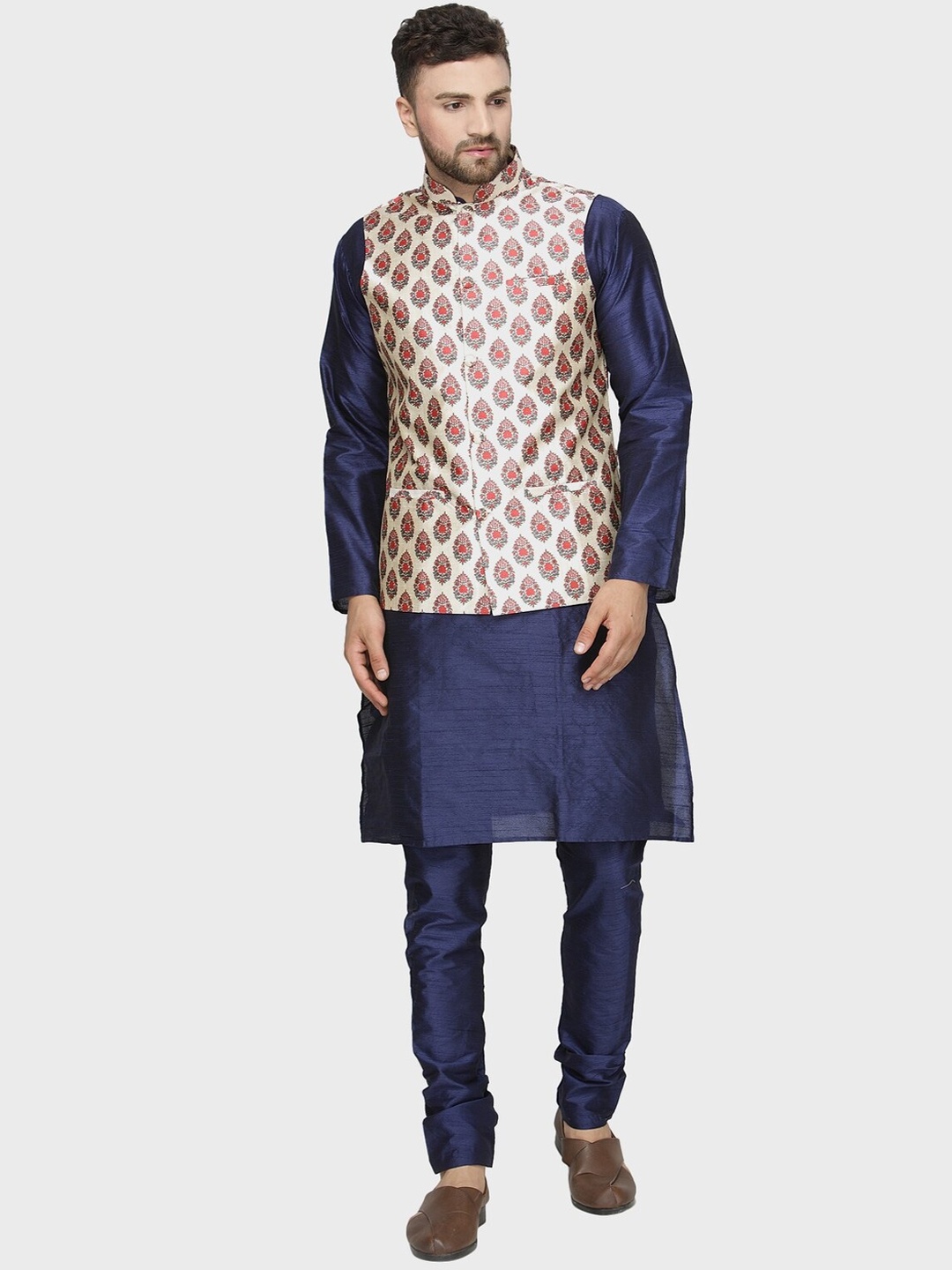 

Kaifoo Men Navy Blue Kurta with Pyjamas & Nehru Jacket