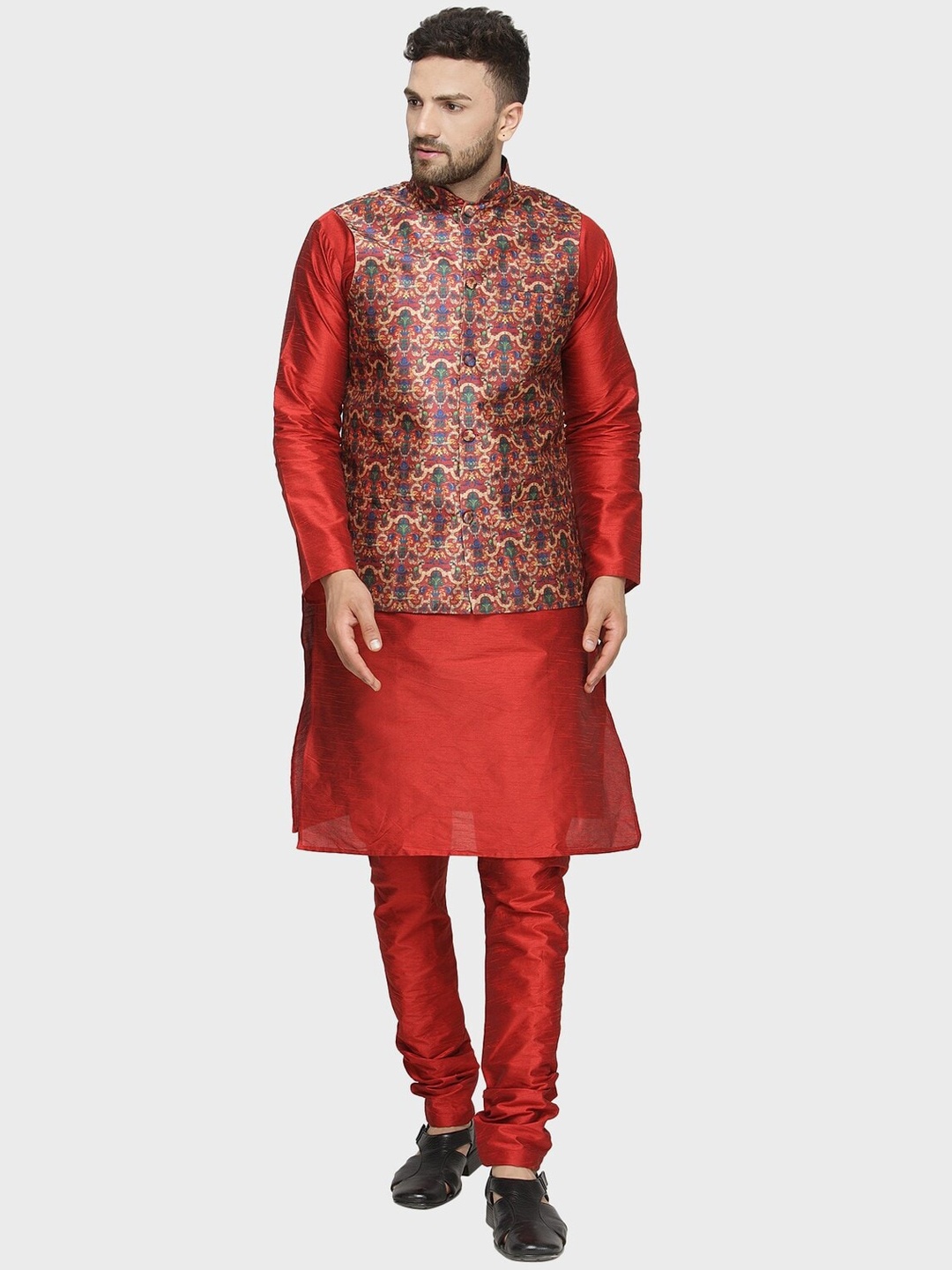

Kaifoo Men Maroon Solid Kurta with Churidar & With Printed Nehru Jacket