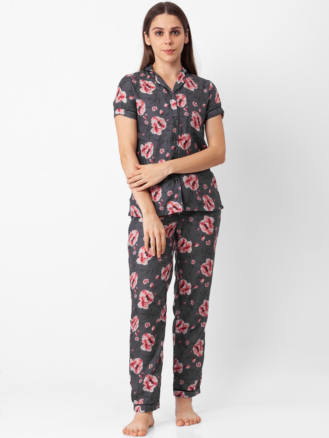 

NOIRA Women Grey & Pink Printed Pure Cotton Night suit