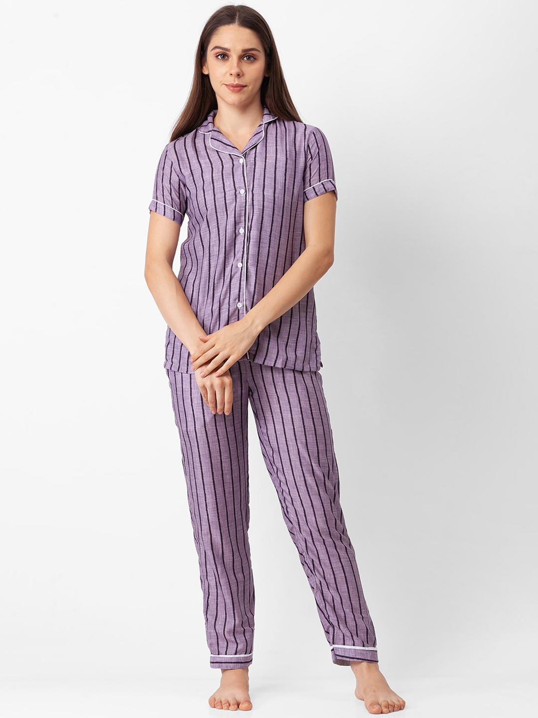 

NOIRA Women Grey & Black Striped Night suit