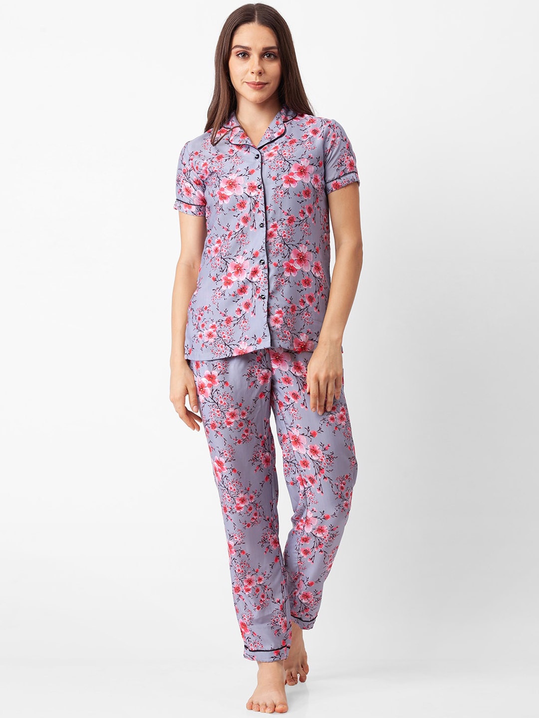 

NOIRA Women Grey & Pink Printed Night suit