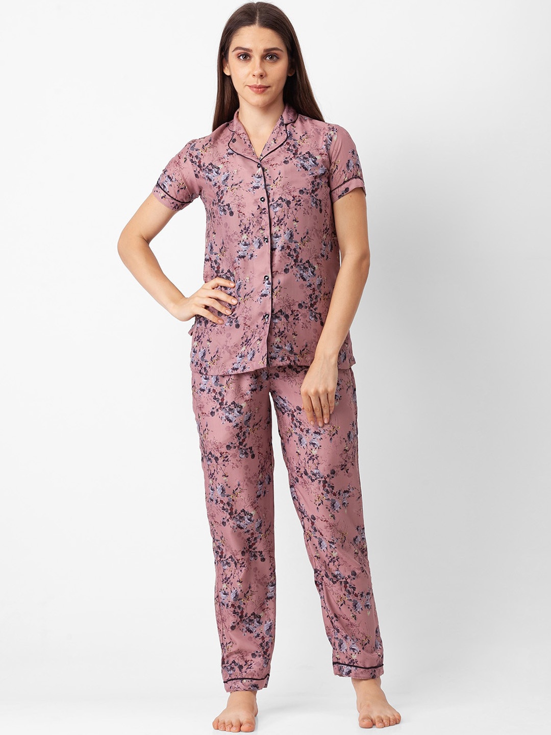 

NOIRA Women Brown & Grey Printed Night suit
