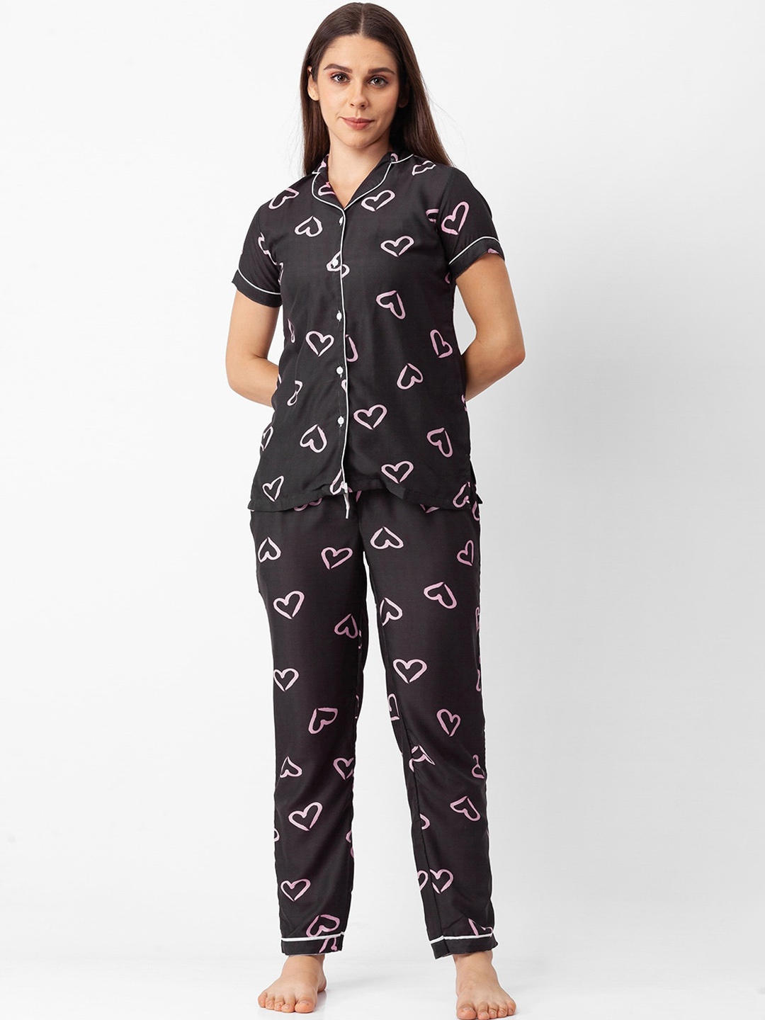 

NOIRA Women Black & Pink Printed Night suit