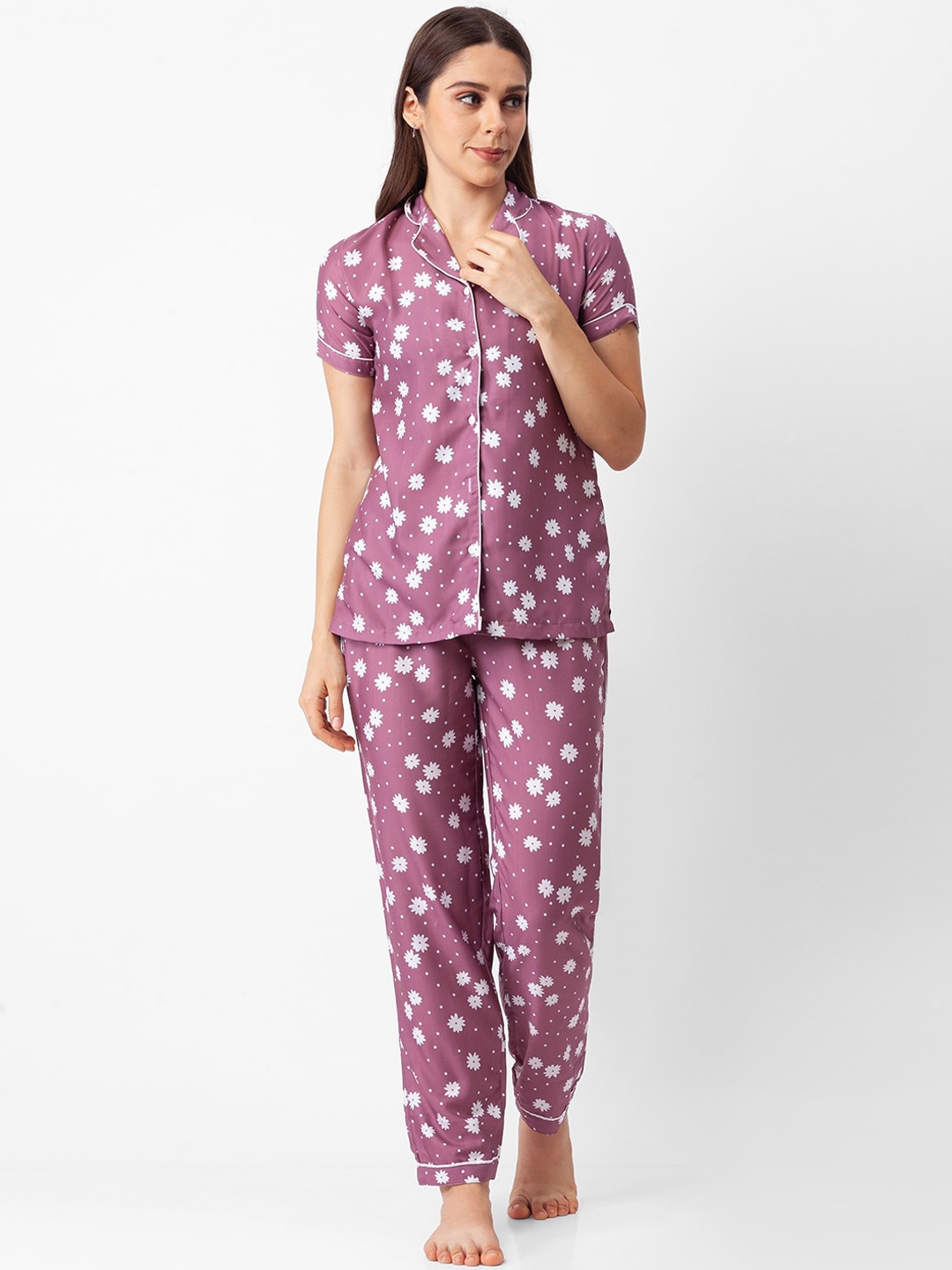 

NOIRA Women Pink & White Printed Night suit