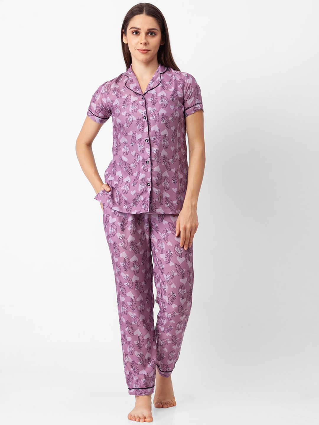 

NOIRA Women Purple & Grey Printed Night suit