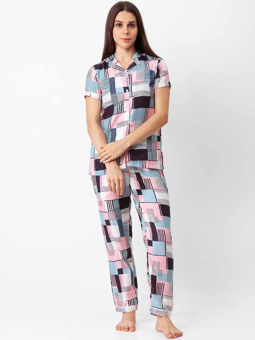 

NOIRA Women Pink & Black Checked Night suit