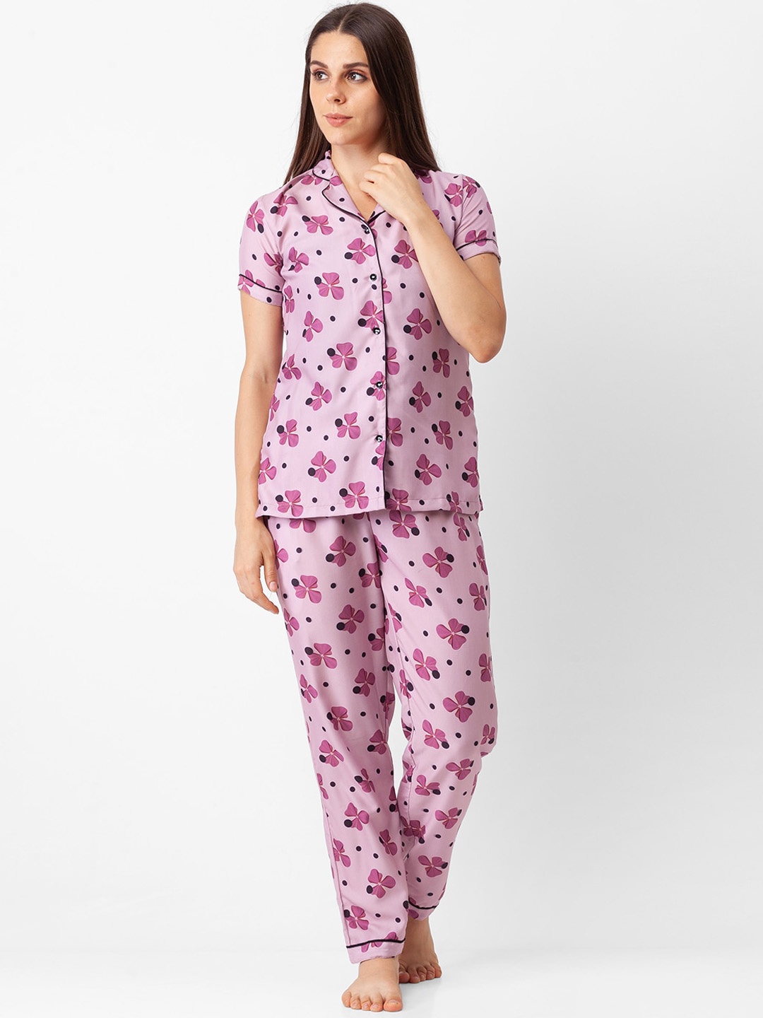 

NOIRA Women Pink & Black Floral Printed Night suit