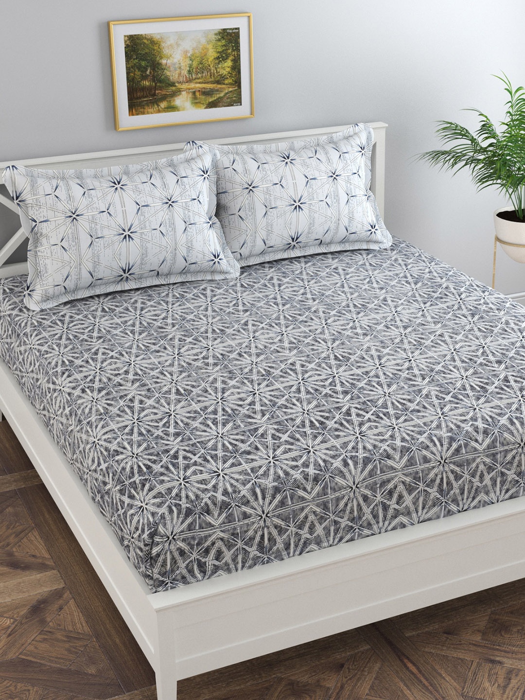 

Florida Blue & White 300 TC King Bedsheet with 2 Pillow Covers
