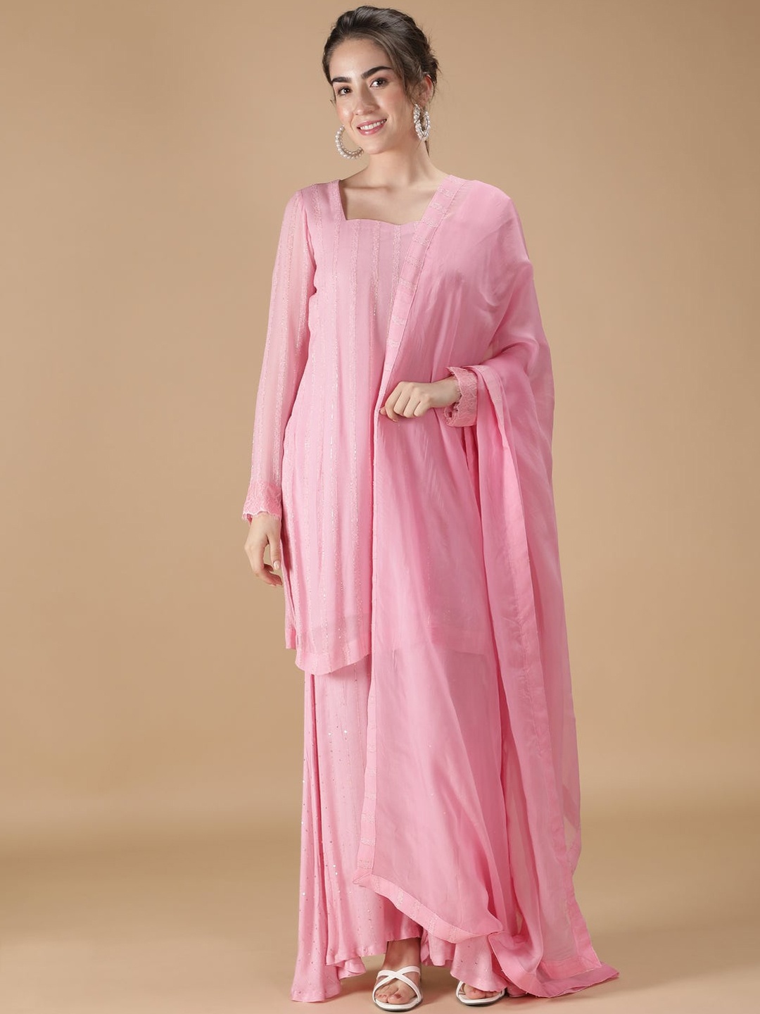 

HANDME Women Pink Embroidered Sequinned Kurti with Trousers & With Dupatta