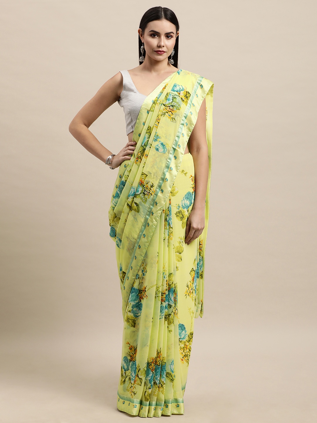 

Vishal Prints Yellow & Blue Floral Print Saree
