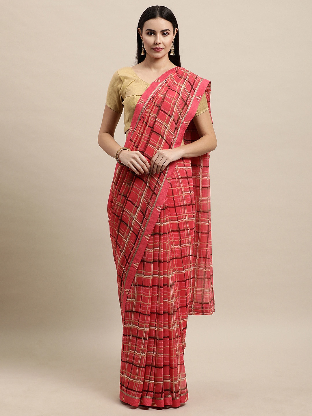 

Vishal Prints Pink & Beige Checked Print Saree