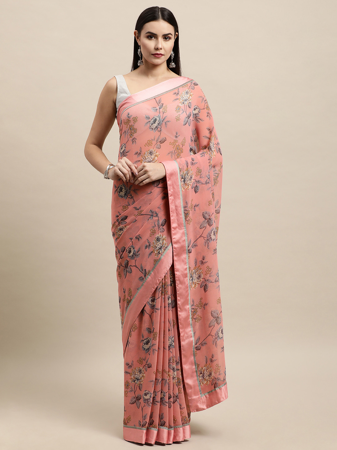 

Vishal Prints Rose & Grey Floral Print Saree