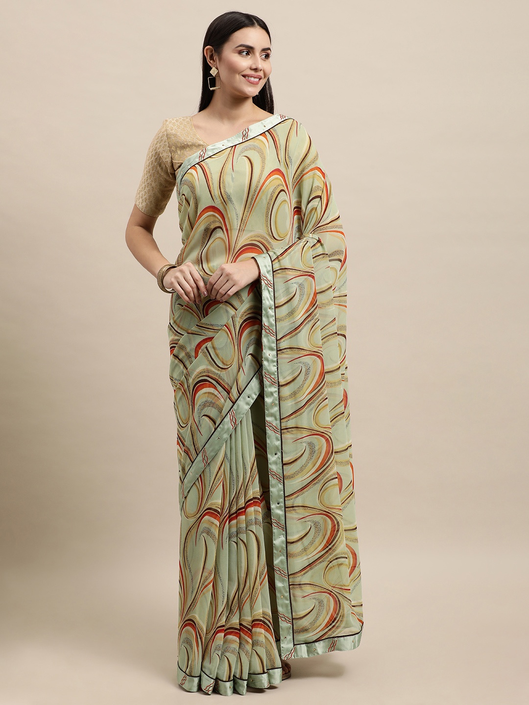 

Vishal Prints Green & Orange Abstract Print Georgette Saree