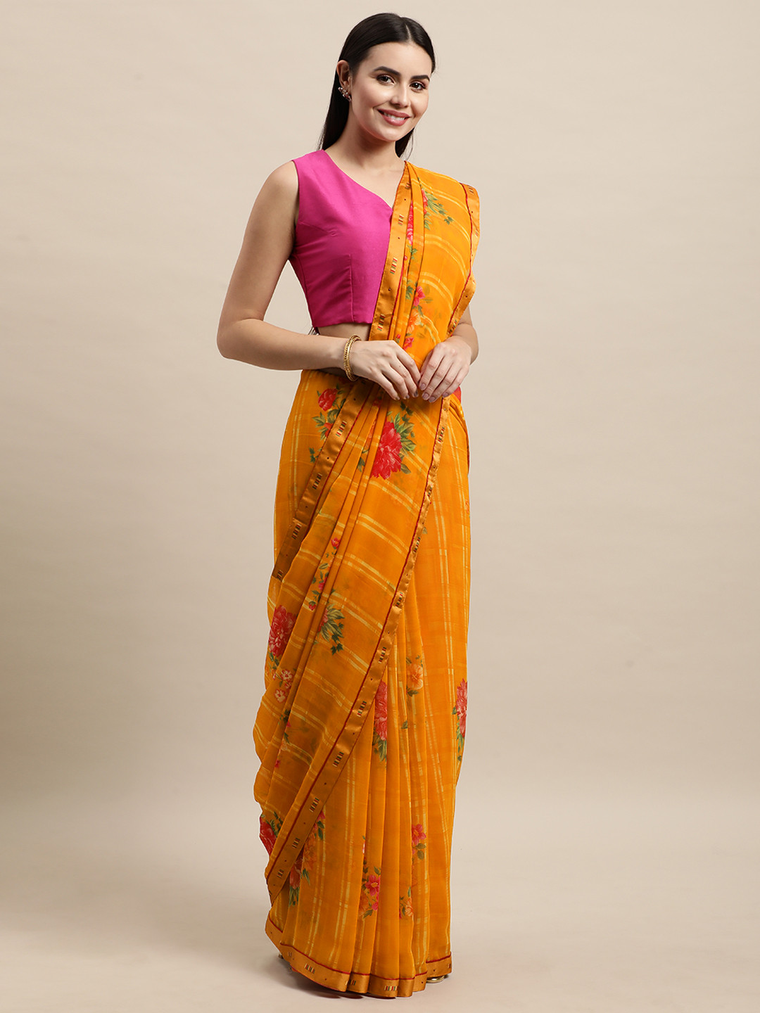 

Vishal Prints Orange & Pink Floral Print Saree