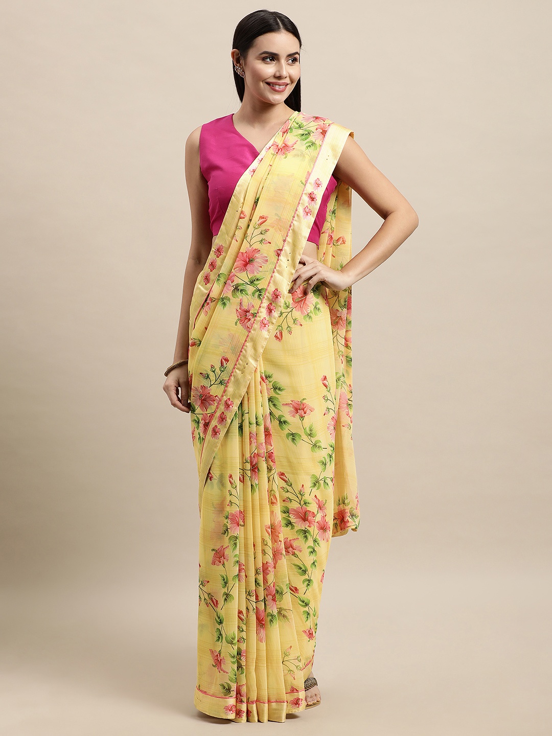 

Vishal Prints Yellow & Pink Floral Print Saree