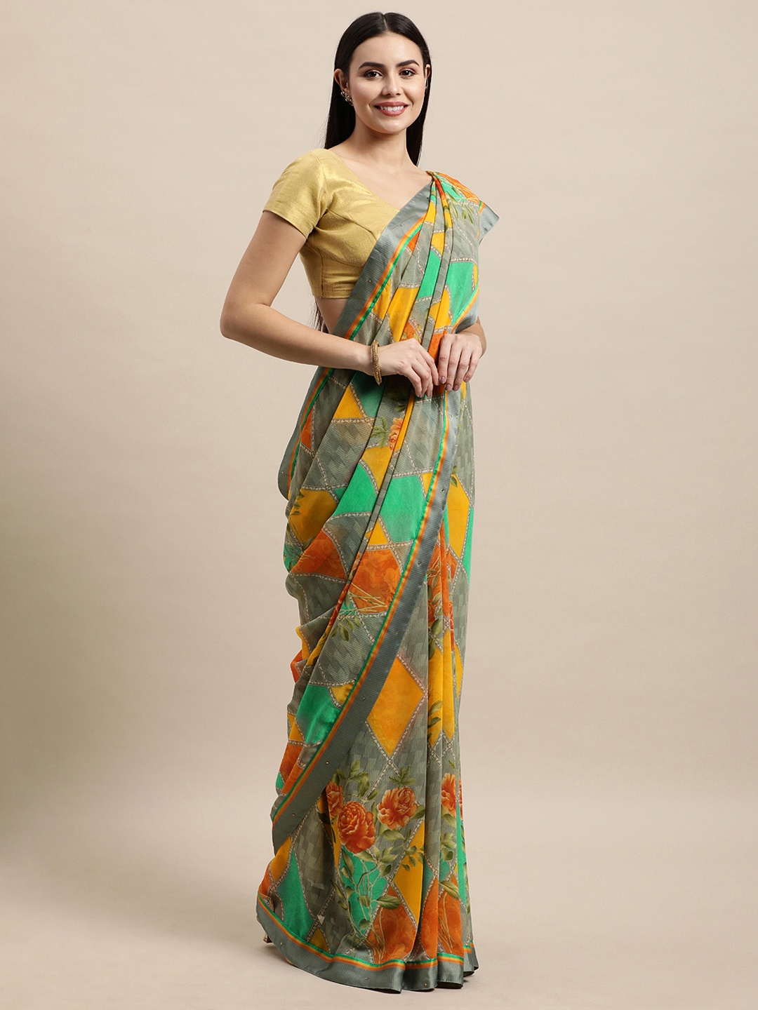 

Vishal Prints Green & Yellow Geometric Print Saree