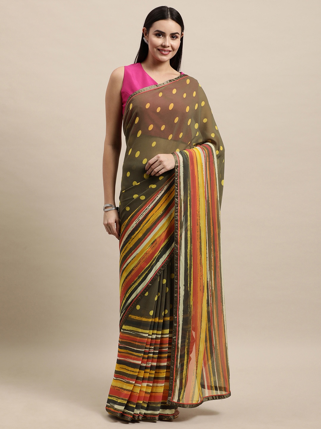 

Vishal Prints Grey & Yellow Polka Dot Print Saree