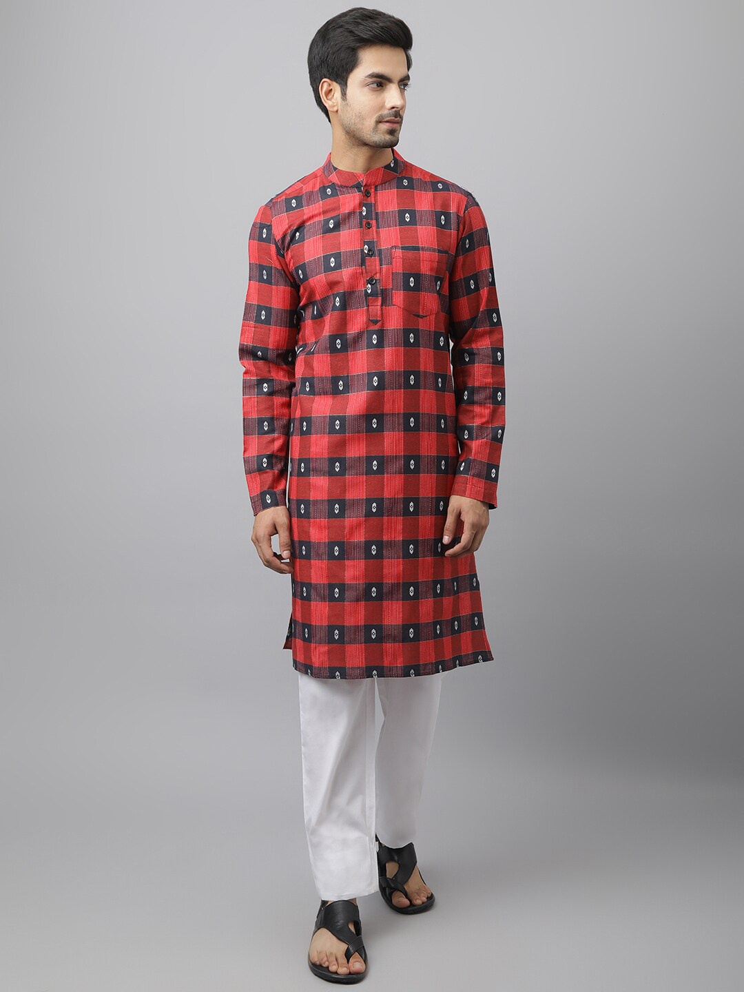 

Waahiba Men Red Printed Pure Cotton Straight Kurta with White Pyjamas set