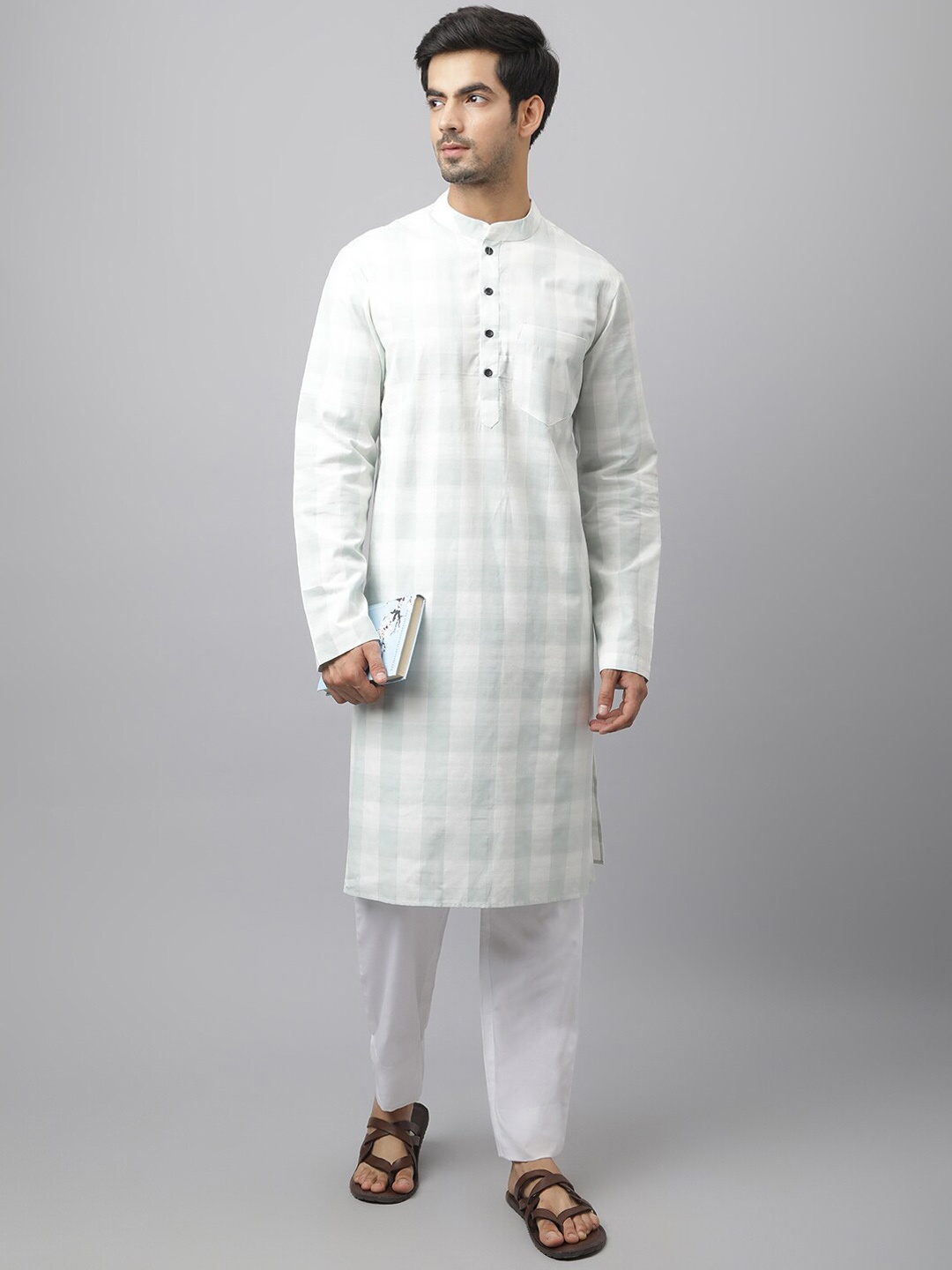 

Waahiba Men White Embroidered Angrakha Pure Cotton Kurta with Pyjamas