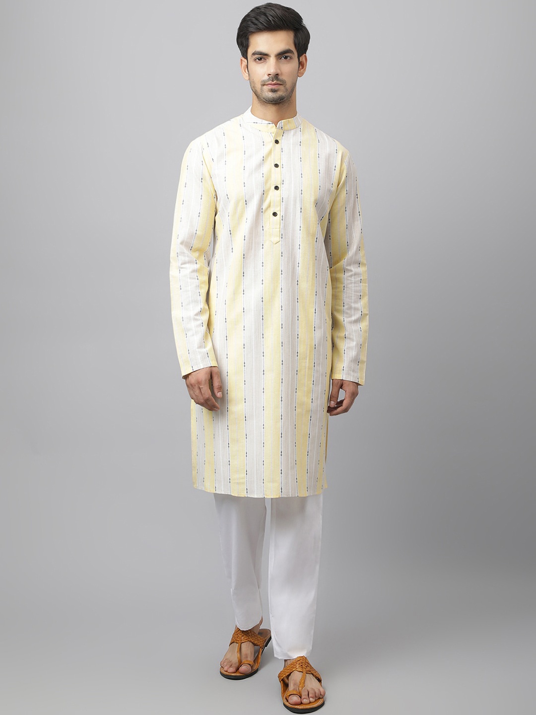 

Waahiba Men Cotton Yellow & White Kurta