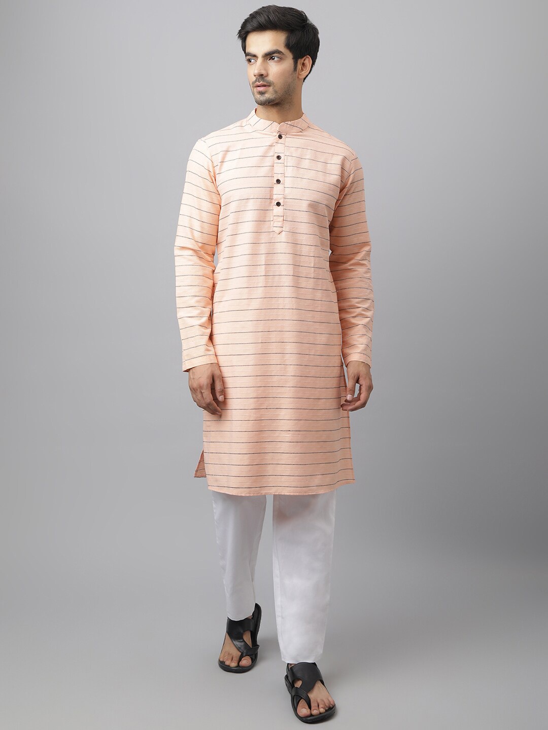 

Waahiba Men Peach-Coloured Striped Pure Cotton Kurta with Pyjamas
