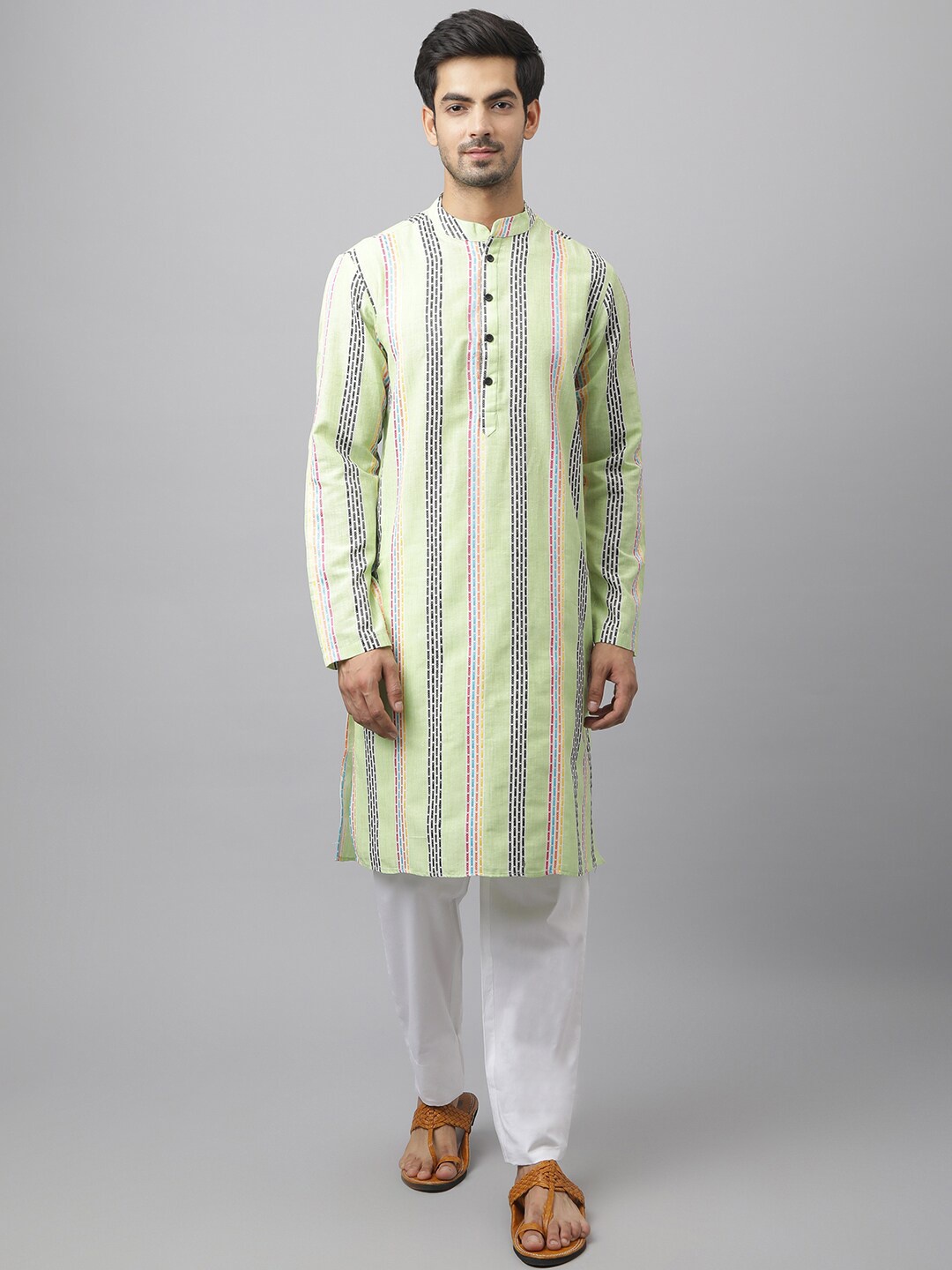 

Waahiba Men Green & Grey Striped Thread Work Kurta