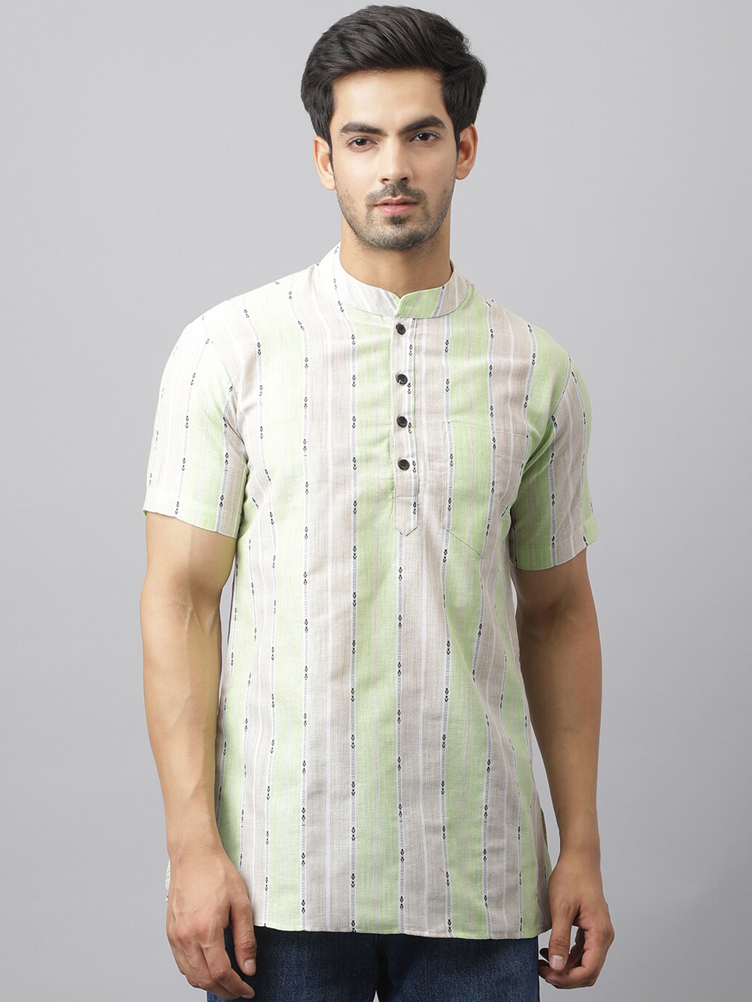 

Waahiba Men Green & Mauve Striped Straight Kurta