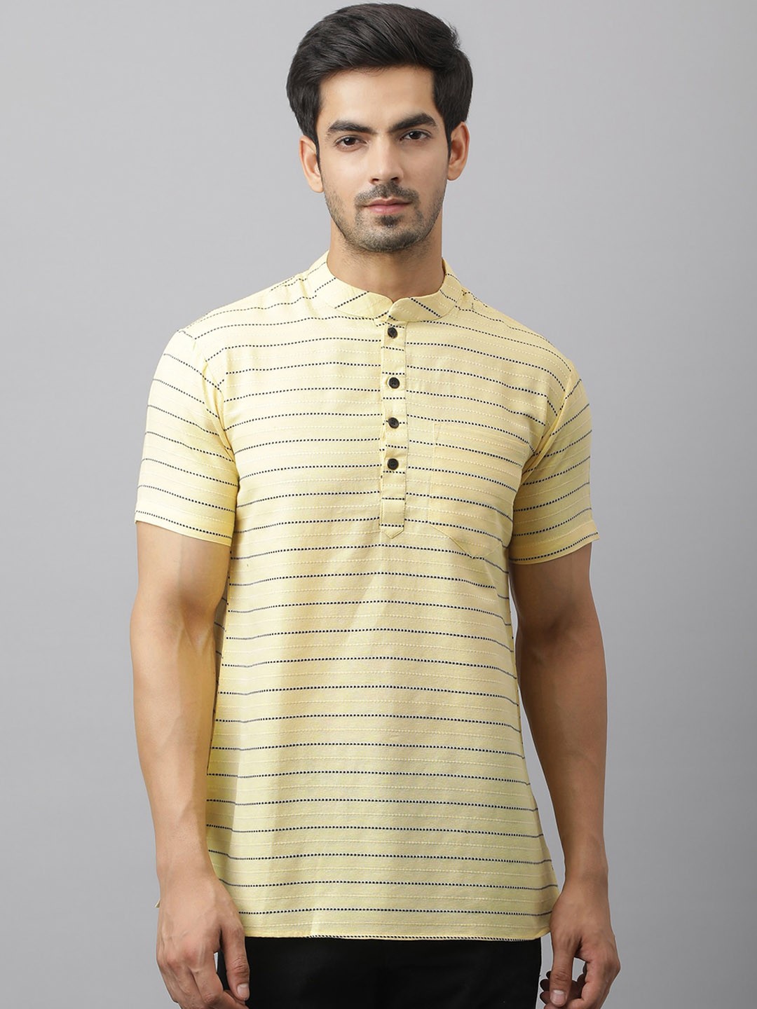 

Waahiba Men Yellow Cotton Striped Thread Work Kurta
