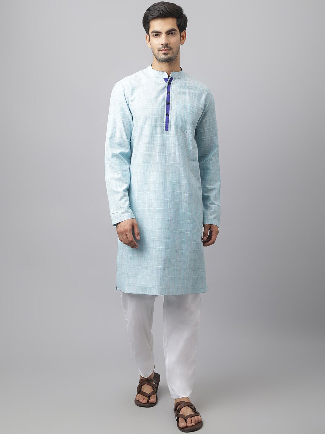 

Waahiba Men Blue and White Pure Cotton Kurta with Pyjama