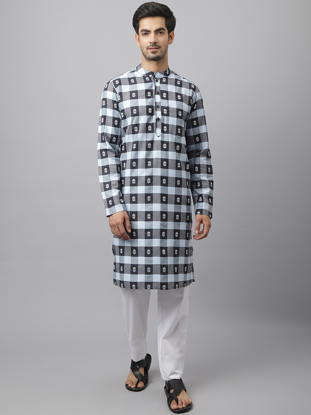 

Waahiba Men Black & Blue Check Print Pure Cotton Kurta With Pyjama