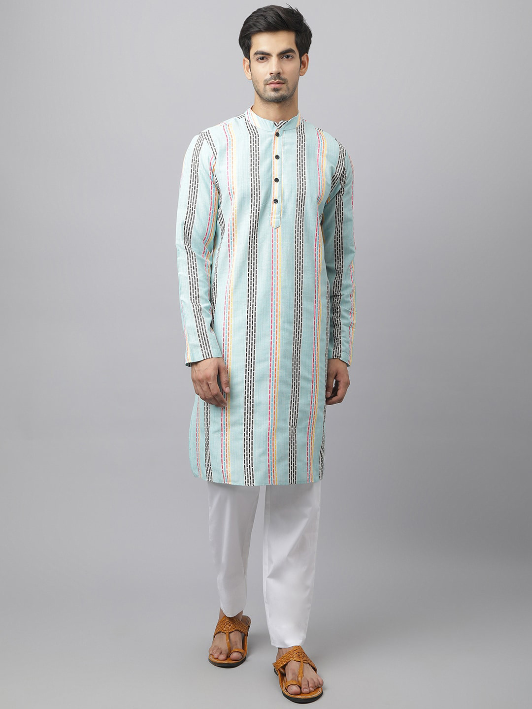 

Waahiba Men Turquoise Blue Striped Pure Cotton Kurta with Trousers
