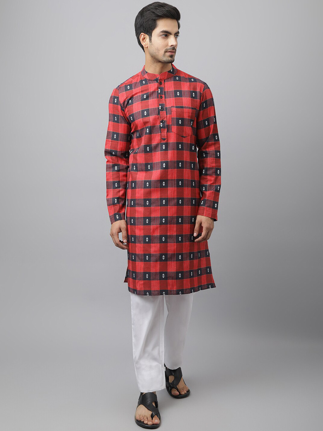 

Waahiba Men Red Geometric Checked Cotton Kurta