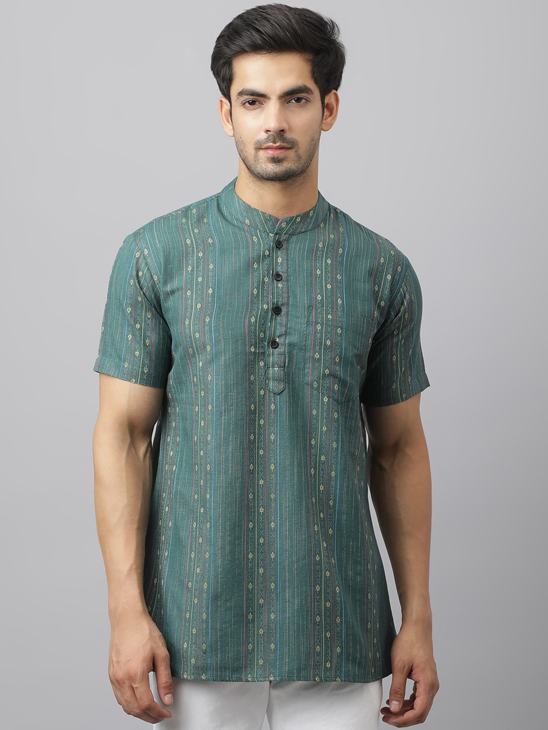 

Waahiba Men Teal Green Geometric Thread Work Kurta
