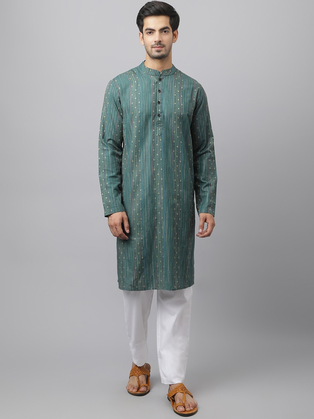 

Waahiba Men Green Striped Straight Printed Thread Work Kurta