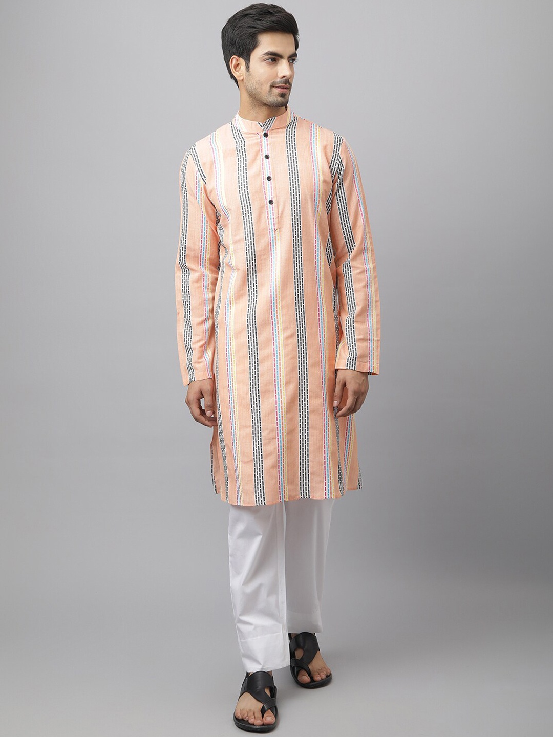 

Waahiba Men Orange & Blue Striped Long sleeve Kurta