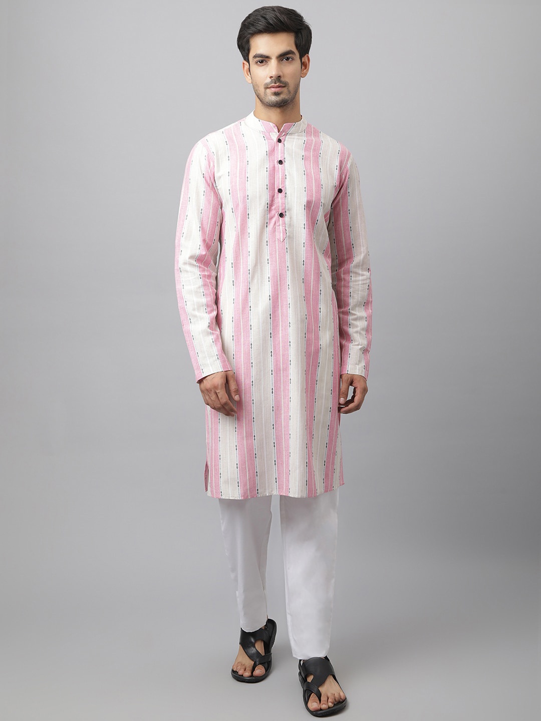 

Waahiba Men Pink Striped Pure Cotton Straight Kurta with Pyjama