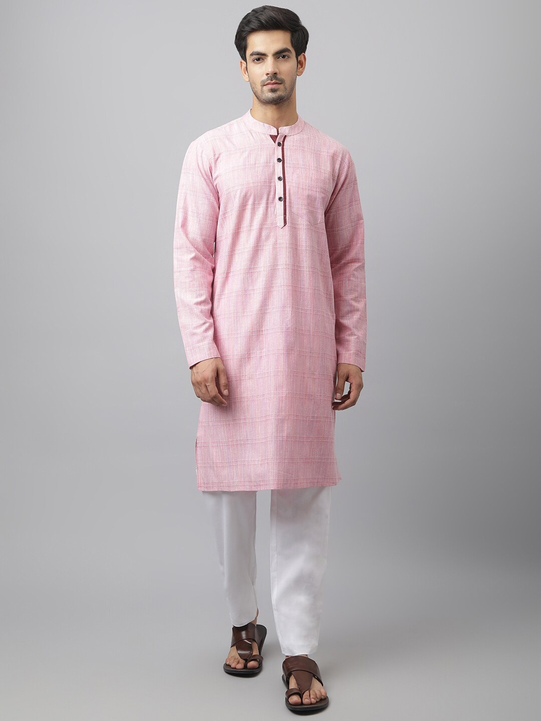 

Waahiba Men Pink Striped Pure Cotton Kurta with Pyjamas