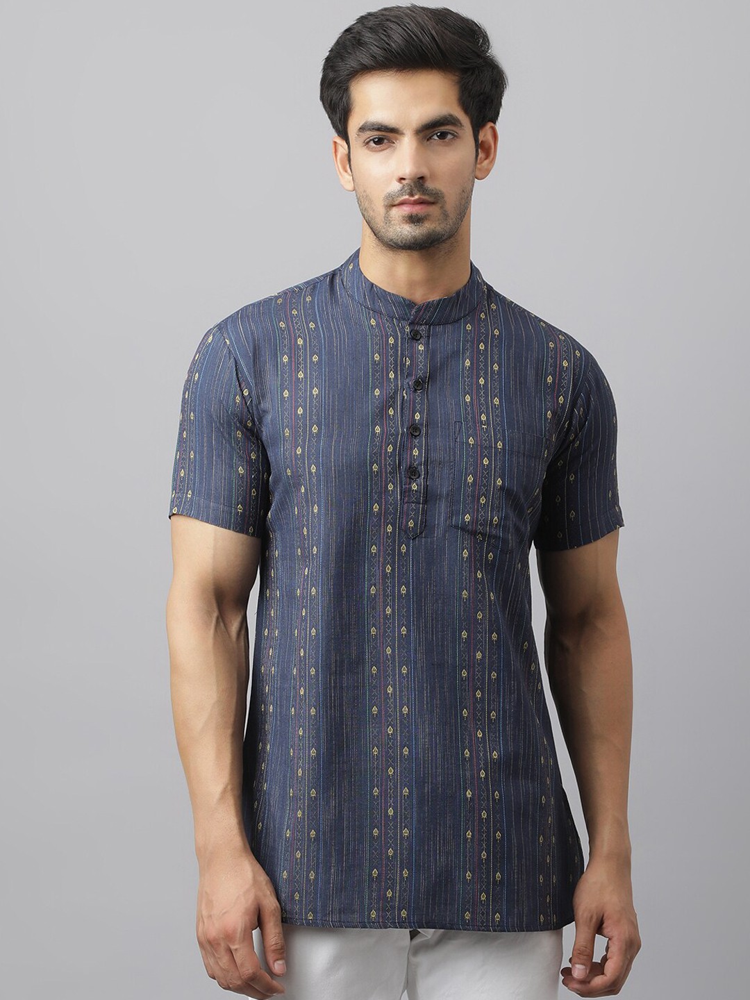 

Waahiba Men Navy Blue Ethnic Motifs Printed Thread Work Kurta