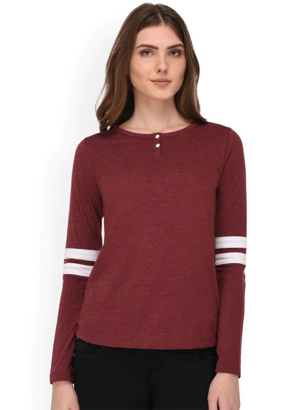 

Rigo Maroon Solid Round Neck Full Sleeve Regular Top