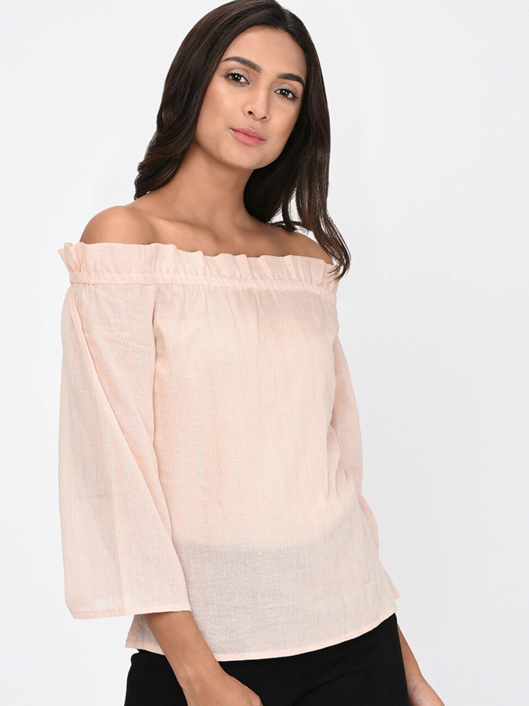 

Rigo Peach-Coloured Striped Off-Shoulder Bardot Top