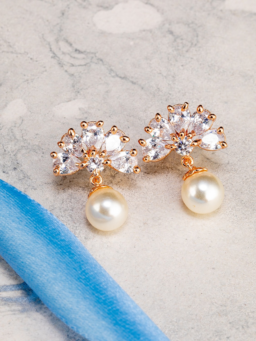 

BARSANO Women Gold-Toned Pearl Floral Studs Earrings