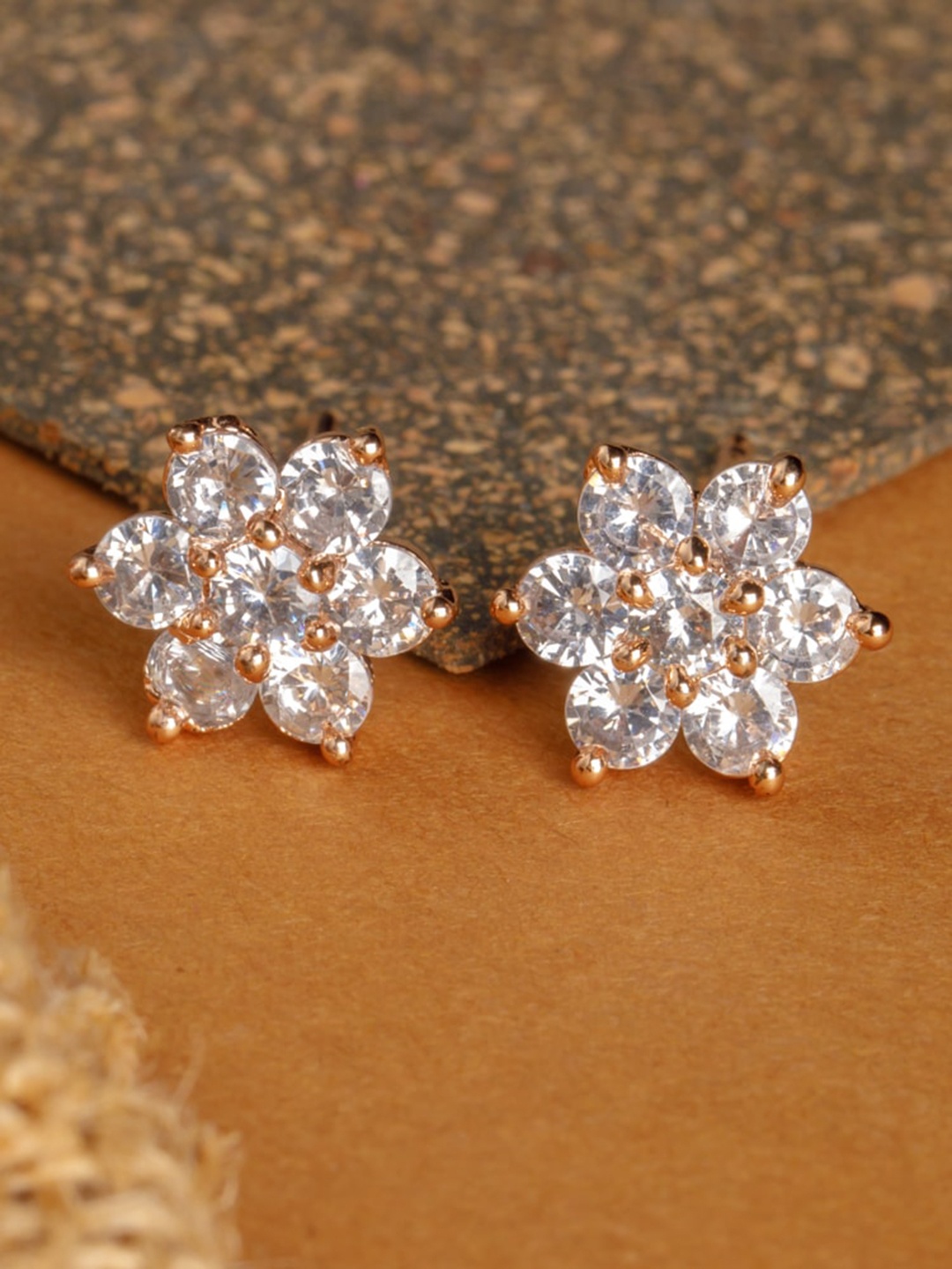 

BARSANO Women Rose Gold-Toned Floral Studs Earrings